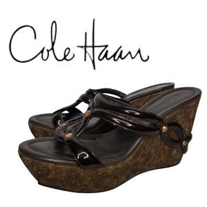 Cole‎ Haan Women's Brown Patent Leather Wedge Cork Heel Sandals Size 6